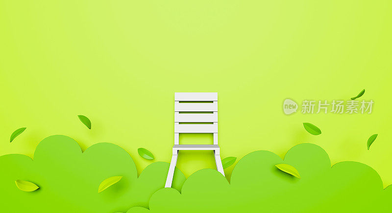 3d绿色花园和树叶飘落与白色椅子在柔和的颜色背景舒适，环境自然。3 d渲染的概念。纸艺术或剪纸风格和折纸。